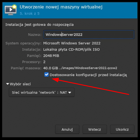 Instalacja Windows Server 2022 - Okno podsumowania konfiguracji