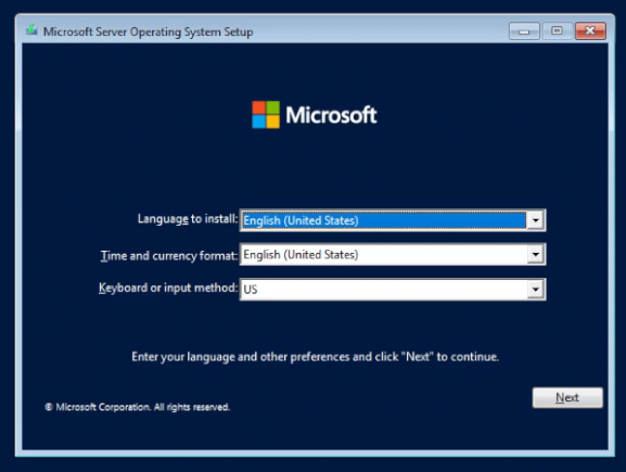 Okno instalacji Windows Server 2022