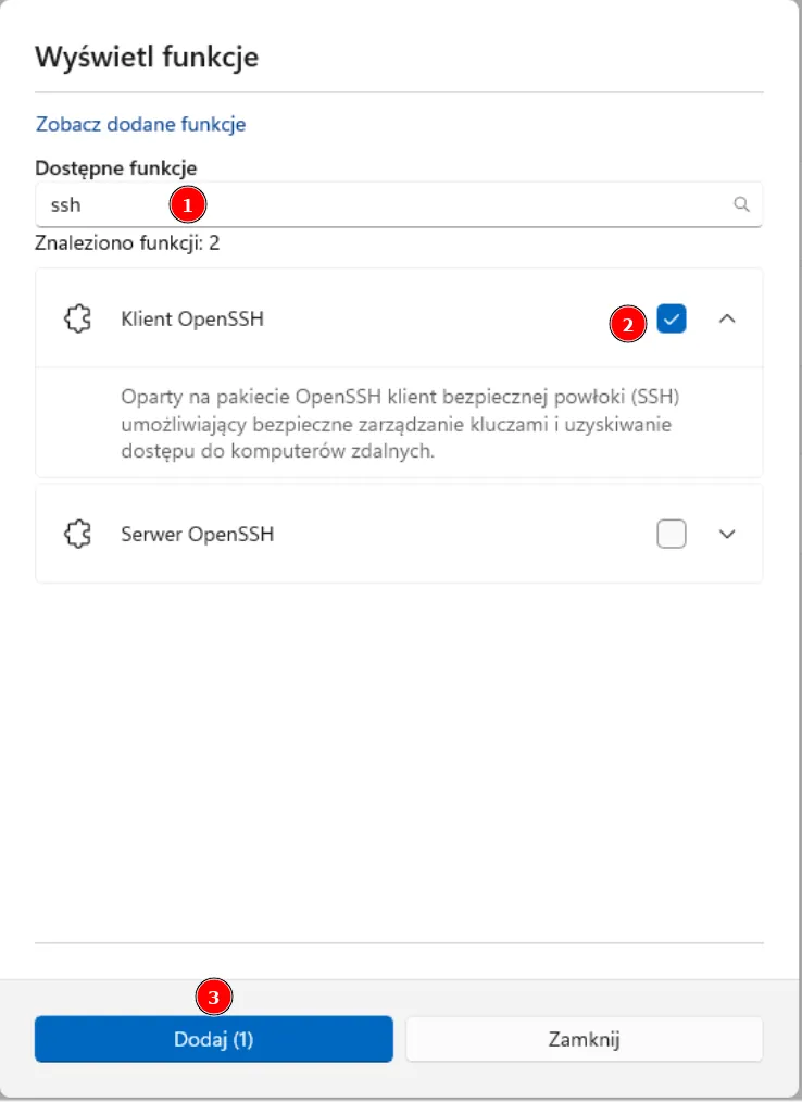 Wybór opcji klient ssh