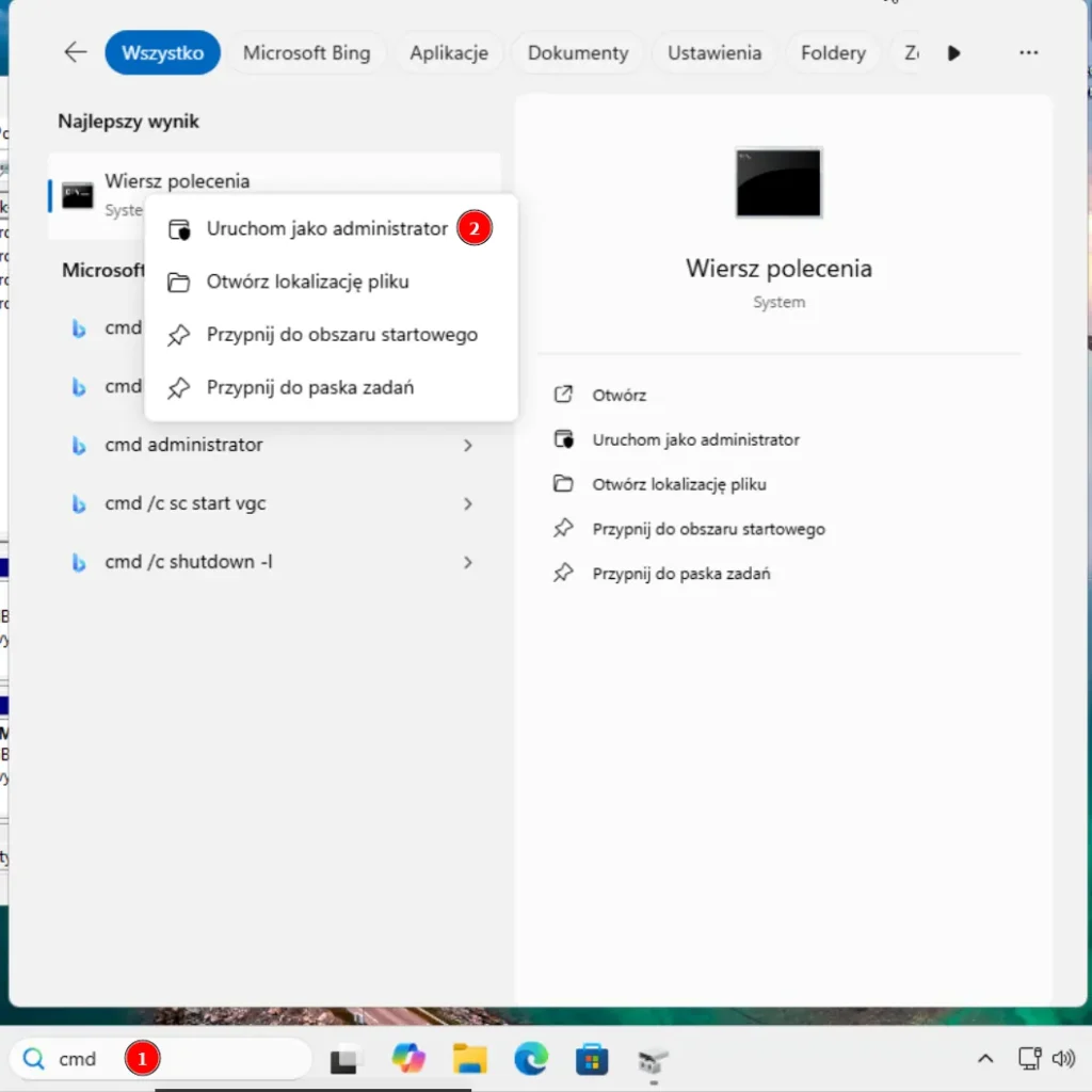 Rozszerzenie partycji systemowej - uruchomienie cmd jako administartor