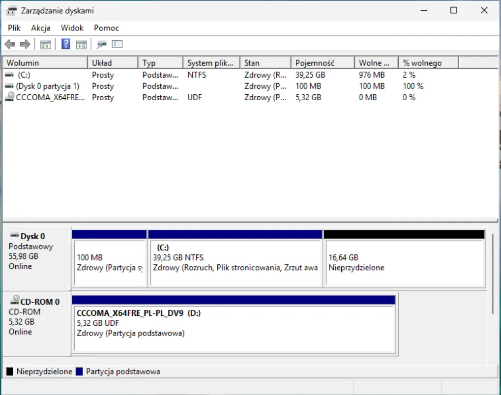 Rozszerzenie partycji systemowej - Okno zarządzania  dyskami po usunięciu partycji