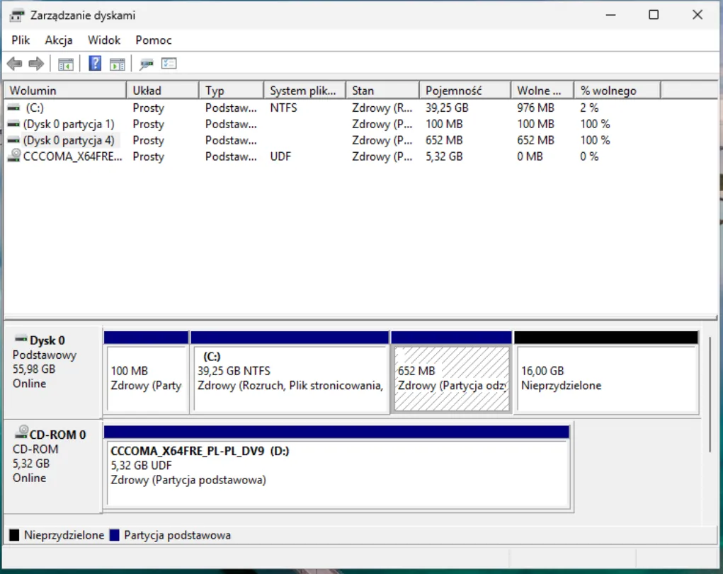 Rozszerzenie partycji systemowej - okno zarządzania dyskami