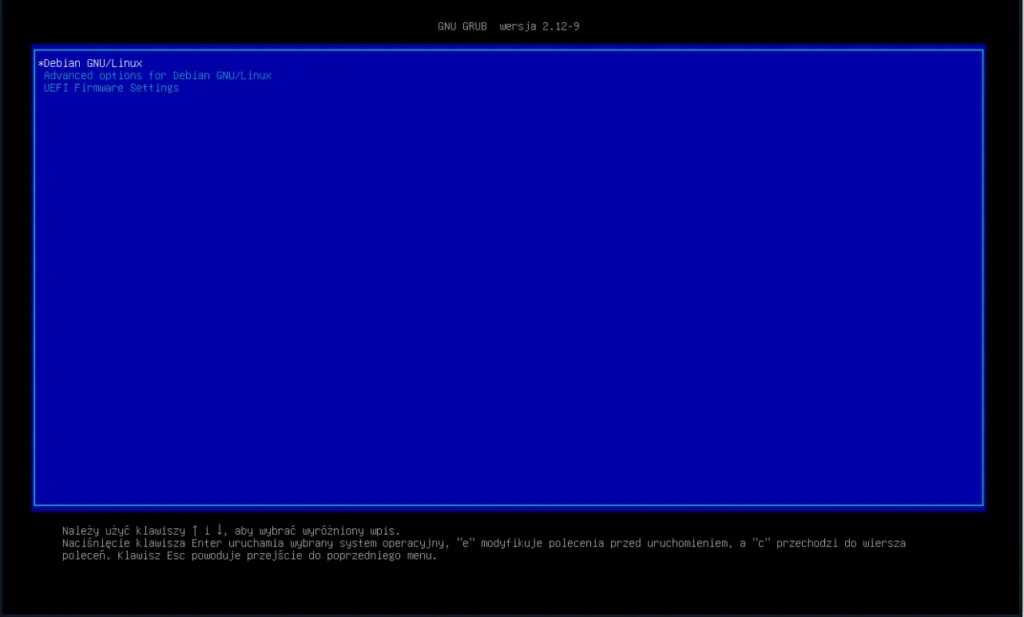 Reset hasła root w Linuxie - Główne okno grub - Debian